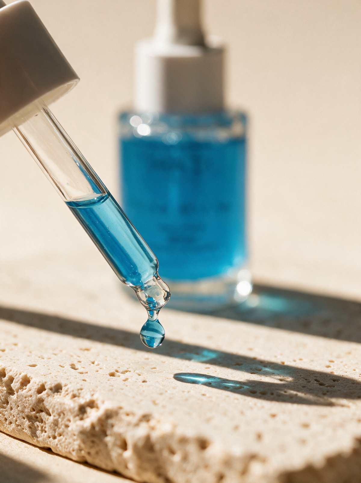 A dropper releases blue drops of Aqua Divine serum into an open palm above travertine