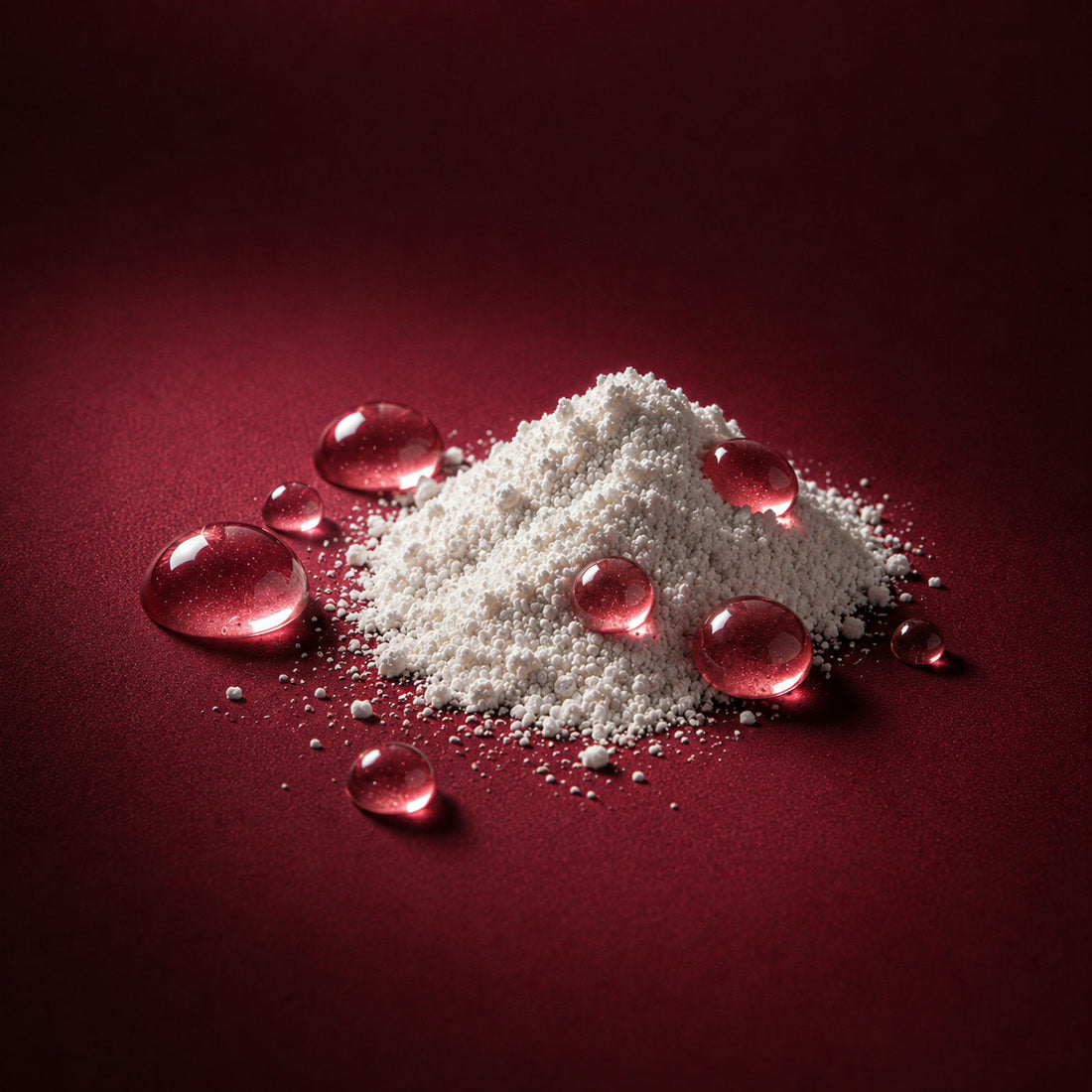 Fine white powder beside clear droplets on a burgundy surface: palmitoyl tripeptide-1, an ingredient in Bella Gloss lip gloss