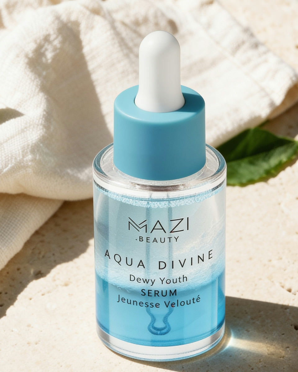 De fles Aqua Divine serum van Mazi Beauty op linnen met olijfblad