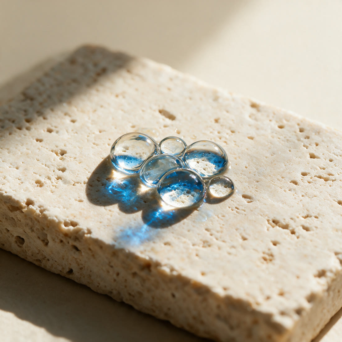 A cluster of clear water droplets domed on travertine, each acting as a lens